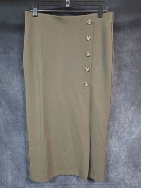 Olive Button-Accent Midi Skirt